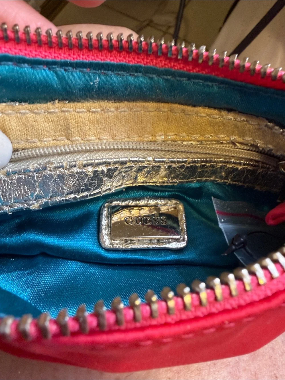 GUESS Red Satin Crystal G Logo Wristlet with Gold Hardware